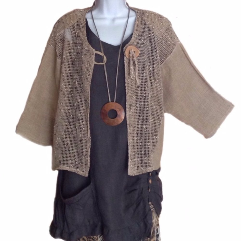 Mixed Material Mesh Jacket French Lagenlook